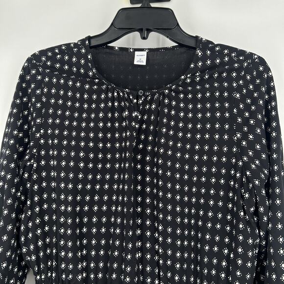 Old Navy Defined Waist Dress Black White Print Long Balloon Sleeves Keyhole Sz M - Picture 2 of 10